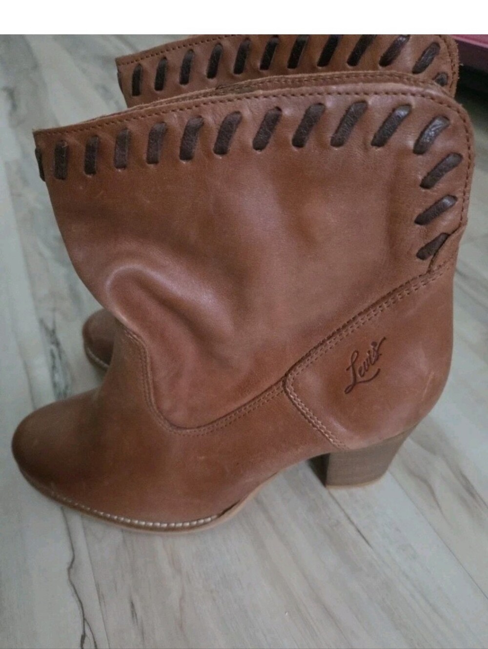 Levi's Brown Leather Block-Heel Ankle Boots with Whipstitch Trim
